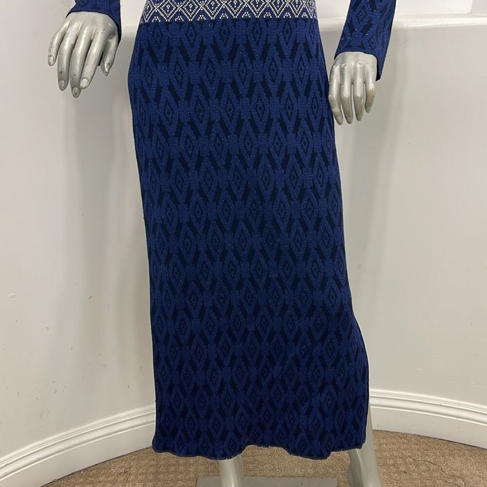 St. John Evening Diamond Jacquard Knit Maxi Dress Navy Blue Silver Long Sleeve 4 - Picture 10 of 14
